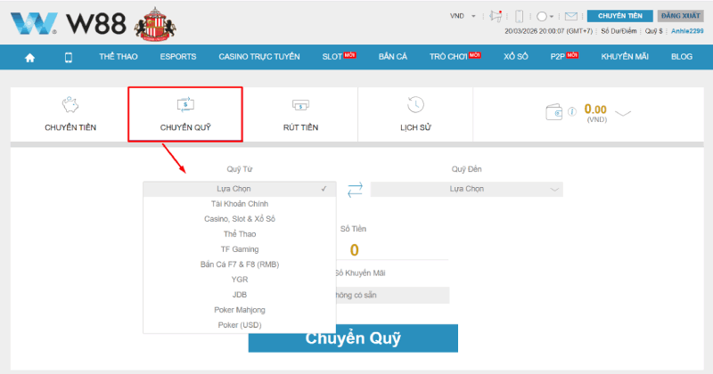 chọn chuyển quỹ W88