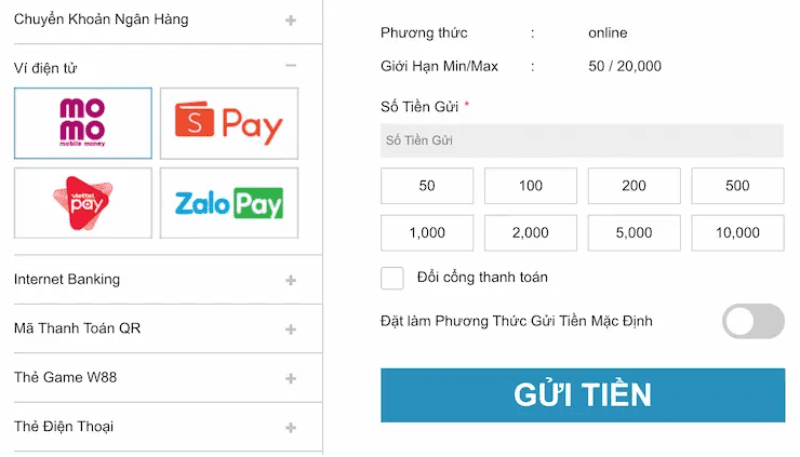 Chuyển tiền qua ví điện tử W88